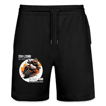 Motorrad Spruch Ich liebe meine Frau - Stanley/Stella Unisex Bio Joggingshorts Trainer  - Schwarz - Vorne - Nik (191cm) & Marisol (170cm)