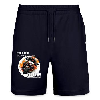 Motorrad Spruch Ich liebe meine Frau - Stanley/Stella Unisex Bio Joggingshorts Trainer  - Dark navy - Vorne - Nik (191cm) & Marisol (170cm)