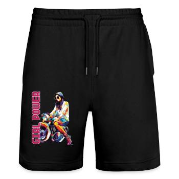 Frau Girl Power Motorrad Bikerin - Stanley/Stella Unisex Bio Joggingshorts Trainer  - Schwarz - Vorne - Nik (191cm) & Marisol (170cm)