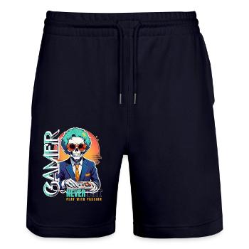 Retro Gamer Skelett mit Controller Konsolenspiele - Stanley/Stella Unisex Bio Joggingshorts Trainer  - Dark navy - Vorne - Nik (191cm) & Marisol (170cm)