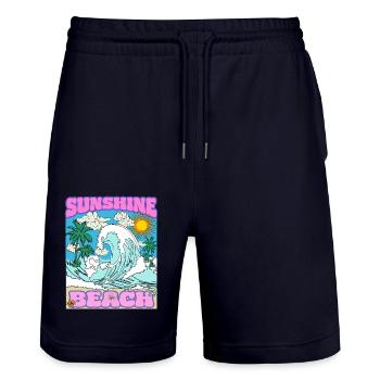 Sunshine Beach - Vintage Retro Sea Beach Motif - Stanley/Stella Trainer Unisex Organic Jogging Shorts - dark navy - Front - Nik (191cm) & Marisol (170cm)