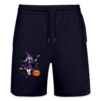 Halloween - Sorcière avec balai Horreur avec citrouille - Short de jogging bio TRAINER Stanley/Stella unisexe - marine foncé - Devant - Nik (191cm) & Marisol (170cm)
