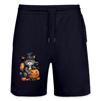 Halloween - Cat Horror with Pumpkin - Stanley/Stella Trainer Unisex Organic Jogging Shorts - dark navy - Front - Nik (191cm) & Marisol (170cm)