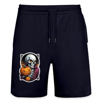 Halloween Skeleton Skull Horror with Pumpkin - Stanley/Stella Trainer Unisex Organic Jogging Shorts - dark navy - Front - Nik (191cm) & Marisol (170cm)