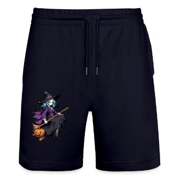 Cute witch with broom and bats - Stanley/Stella Trainer Unisex Organic Jogging Shorts - dark navy - Front - Nik (191cm) & Marisol (170cm)