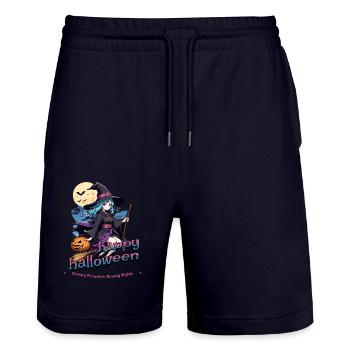 Cute witch with broom and bats - Stanley/Stella Trainer Unisex Organic Jogging Shorts - dark navy - Front - Nik (191cm) & Marisol (170cm)