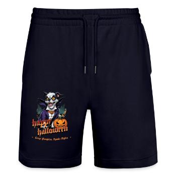 Chien d’Halloween avec costume de vampire citrouille - Short de jogging bio TRAINER Stanley/Stella unisexe - marine foncé - Devant - Nik (191cm) & Marisol (170cm)