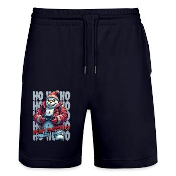 Evil Snowman Playing Christmas - Stanley/Stella Trainer Unisex Organic Jogging Shorts - dark navy - Front - Nik (191cm) & Marisol (170cm)