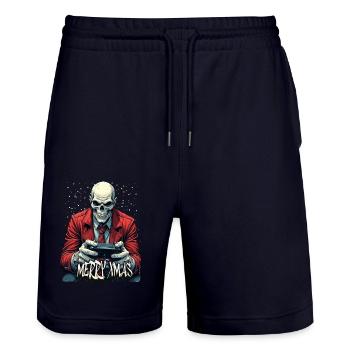 Merry Xmas Gamer Skull Design - Stanley/Stella Trainer Unisex Organic Jogging Shorts - dark navy - Front - Nik (191cm) & Marisol (170cm)