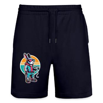 Gamer bunny with controller in retro look - Stanley/Stella Trainer Unisex Organic Jogging Shorts - dark navy - Front - Nik (191cm) & Marisol (170cm)