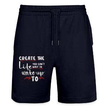 Create the life you cant wait to wake up to - Stanley/Stella Trainer Unisex Organic Jogging Shorts - dark navy - Front - Nik (191cm) & Marisol (170cm)