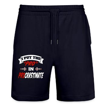 I Put the Pro in Procrastinate - Stanley/Stella Trainer Unisex Organic Jogging Shorts - dark navy - Front - Nik (191cm) & Marisol (170cm)