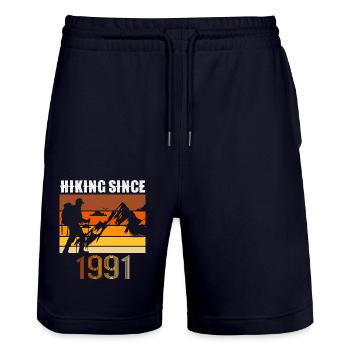 Hiking since 1991, Vintage Birthday Gift - Stanley/Stella Trainer Unisex Organic Jogging Shorts - dark navy - Front - Nik (191cm) & Marisol (170cm)