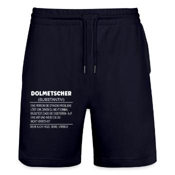 Wörterbuch Erklärung DOLMETSCHER Held, Genie, Vorb - Stanley/Stella Unisex Bio Joggingshorts Trainer  - Dark navy - Vorne - Nik (191cm) & Marisol (170cm)