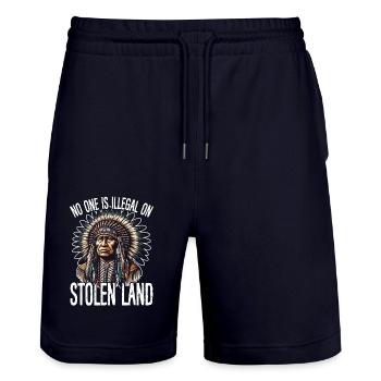 No one is illegal on stolen land - Stanley/Stella Trainer Unisex Organic Jogging Shorts - dark navy - Front - Nik (191cm) & Marisol (170cm)