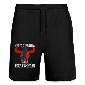 Ain't nothing like a Texas woman - Stanley/Stella Trainer Unisex Organic Jogging Shorts - black - Front - Nik (191cm) & Marisol (170cm)