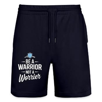 Be a warrior, not a worrier inspirational saying - Stanley/Stella Trainer Unisex Organic Jogging Shorts - dark navy - Front - Nik (191cm) & Marisol (170cm)