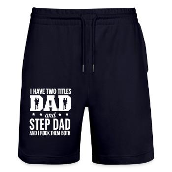 2 Titles: Father and Stepfather and Rock Both - Stanley/Stella Trainer Unisex Organic Jogging Shorts - dark navy - Front - Nik (191cm) & Marisol (170cm)