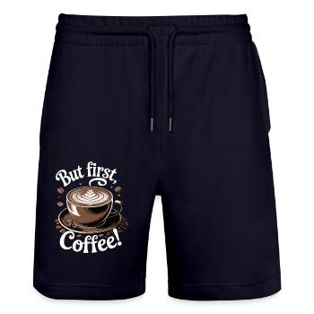 But First, Coffee Kaffee Design Kaffeeliebhaber - Stanley/Stella Unisex Bio Joggingshorts Trainer  - Dark navy - Vorne - Nik (191cm) & Marisol (170cm)