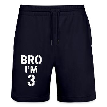 Frère, j’ai 3 ans – Design d’anniversaire cool - Short de jogging bio TRAINER Stanley/Stella unisexe - marine foncé - Devant - Nik (191cm) & Marisol (170cm)