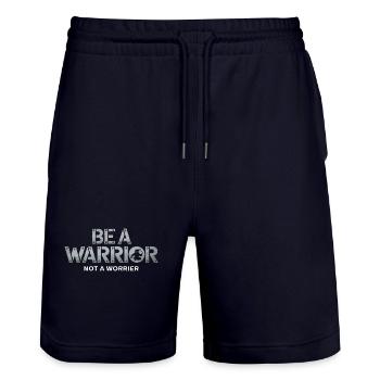 Be a warrior, not a worrier inspirational saying - Stanley/Stella Trainer Unisex Organic Jogging Shorts - dark navy - Front - Nik (191cm) & Marisol (170cm)