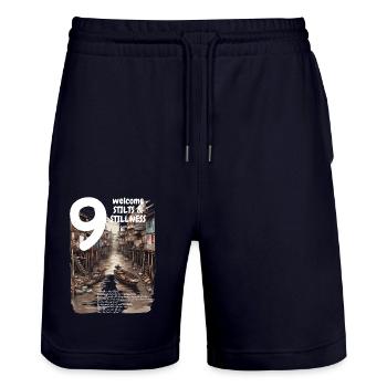 Canal Code Hood on Stilts Deep Khlong Streetwear - Stanley/Stella Unisex Bio Joggingshorts Trainer  - Dark navy - Vorne - Nik (191cm) & Marisol (170cm)