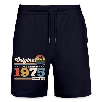50th Birthday Original December 1975 Volume 75 - Stanley/Stella Trainer Unisex Organic Jogging Shorts - dark navy - Front - Nik (191cm) & Marisol (170cm)