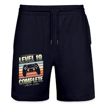 19th Birthday Level 19 Complete Limited Edition - Stanley/Stella Trainer Unisex Organic Jogging Shorts - dark navy - Front - Nik (191cm) & Marisol (170cm)