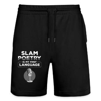 Poetry Slam Schreiber Feder - Stanley/Stella Trainer Unisex Organic Jogging Shorts - black - Front - Nik (191cm) & Marisol (170cm)