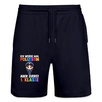Policeman First Grade School Enrollment Schoolchild - Stanley/Stella Trainer Unisex Organic Jogging Shorts - dark navy - Front - Nik (191cm) & Marisol (170cm)