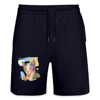 Abstract cat in modern color block design - Stanley/Stella Trainer Unisex Organic Jogging Shorts - dark navy - Front - Nik (191cm) & Marisol (170cm)