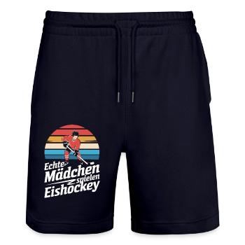 Hockey Hockey Sports Hockey Players - Stanley/Stella Trainer Unisex Organic Jogging Shorts - dark navy - Front - Nik (191cm) & Marisol (170cm)