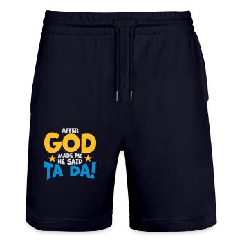 after god made me - Stanley/Stella Trainer Unisex Organic Jogging Shorts - dark navy - Front - Nik (191cm) & Marisol (170cm)