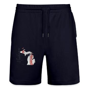Michigan (USA) | echter Baseball | Landkarte Scpt - Stanley/Stella Unisex Bio Joggingshorts Trainer  - Dark navy - Vorne - Nik (191cm) & Marisol (170cm)