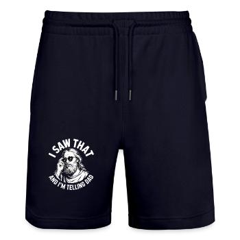 I Saw That And Im Telling Dad Jesus Humor - Stanley/Stella Trainer Unisex Organic Jogging Shorts - dark navy - Front - Nik (191cm) & Marisol (170cm)