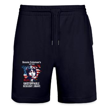 Bessie Coleman Courageous aviation pioneer - Stanley/Stella Trainer Unisex Organic Jogging Shorts - dark navy - Front - Nik (191cm) & Marisol (170cm)