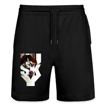 Husky copper red head in the text - Stanley/Stella Trainer Unisex Organic Jogging Shorts - black - Front - Nik (191cm) & Marisol (170cm)