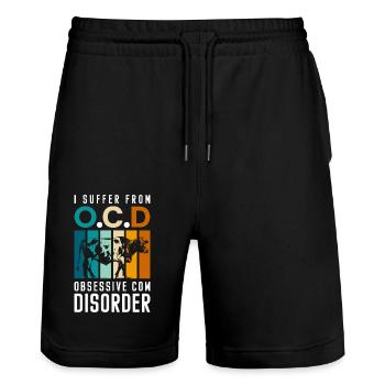cows, cow spots, livestock, animal love - Stanley/Stella Trainer Unisex Organic Jogging Shorts - black - Front - Nik (191cm) & Marisol (170cm)