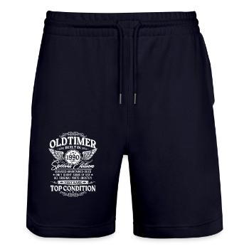 Oldtimer Baujahr 1990 Jahrgang Geburtstag Geschenk - Stanley/Stella Unisex Bio Joggingshorts Trainer  - Dark navy - Vorne - Nik (191cm) & Marisol (170cm)
