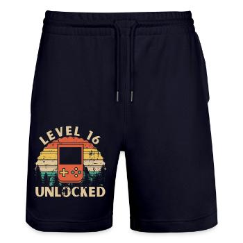 Level 16 Unlocked - Stanley/Stella Trainer Unisex Organic Jogging Shorts - dark navy - Front - Nik (191cm) & Marisol (170cm)