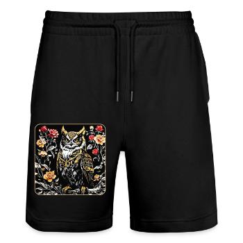 Owl with rose petals in woodcut look - Stanley/Stella Trainer Unisex Organic Jogging Shorts - black - Front - Nik (191cm) & Marisol (170cm)