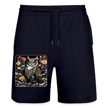 Eule mit Rosenblüten in Holzschnittoptik - Stanley/Stella Unisex Bio Joggingshorts Trainer  - Dark navy - Vorne - Nik (191cm) & Marisol (170cm)