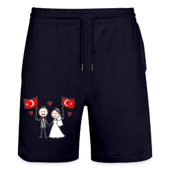 Wedding Couple Turkey Flag - Stanley/Stella Trainer Unisex Organic Jogging Shorts - dark navy - Front - Nik (191cm) & Marisol (170cm)