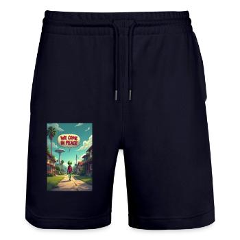 Ein netter, kleiner Alien entsteigt seinem UFO - Stanley/Stella Unisex Bio Joggingshorts Trainer  - Dark navy - Vorne - Nik (191cm) & Marisol (170cm)