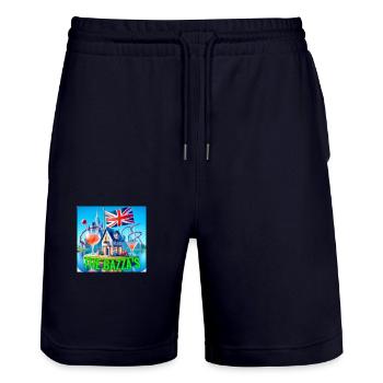 Logo of The Bazza’s - Stanley/Stella Trainer Unisex Organic Jogging Shorts - dark navy - Front - Nik (191cm) & Marisol (170cm)