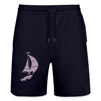 Minimalist Sailboat Lake Silhouette - Stanley/Stella Trainer Unisex Organic Jogging Shorts - dark navy - Front - Nik (191cm) & Marisol (170cm)