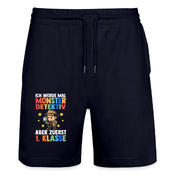 Daycare Leavers First Grade School Enrollment Schoolchild - Stanley/Stella Trainer Unisex Organic Jogging Shorts - dark navy - Front - Nik (191cm) & Marisol (170cm)