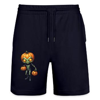 Alien with pumpkin heads Halloween - Stanley/Stella Trainer Unisex Organic Jogging Shorts - dark navy - Front - Nik (191cm) & Marisol (170cm)