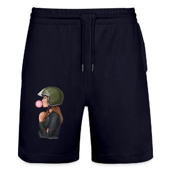 Coole Motorradfahrerin Bikerin kaut Kaugummi - Stanley/Stella Unisex Bio Joggingshorts Trainer  - Dark navy - Vorne - Nik (191cm) & Marisol (170cm)