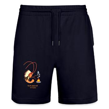 The Native Shrimpan , Native American Shrimp Fun - Stanley/Stella Trainer Unisex Organic Jogging Shorts - dark navy - Front - Nik (191cm) & Marisol (170cm)